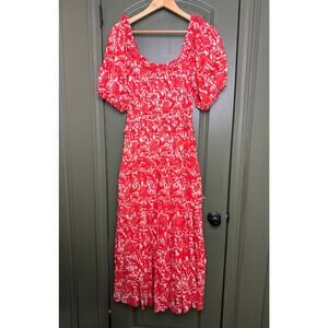 NWT Ro's Garden Percy Puff Sleeve Midi Resort Dress Floral Red Hibiscus XS